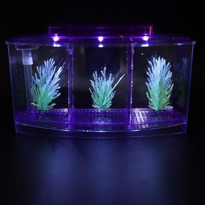 HEEPDD Triple Chamber Fish Breeder Box for Aquarium, Transparent Acrylic Small Fishes Breeding Isolation Box with Six LED Lights and Water Change Valve Breeder for Fish Tank (Purple)