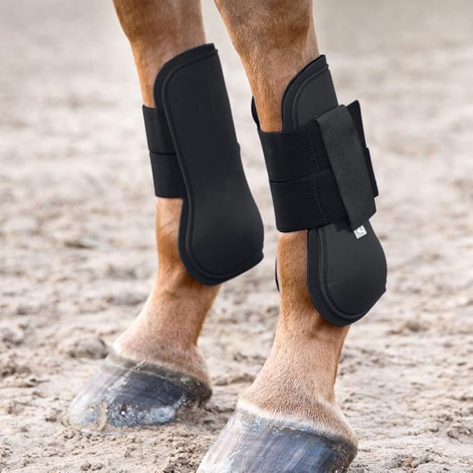 HORZE Chicago Protective Horse Tendon Boots - Lightweight Open Front Boots for Jumping, Trail Riding, and Turnout (Pair) - Black - Shetland