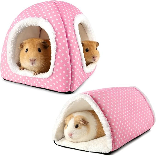 Guinea Pig Hideout and Play Tunnel Set, Washable Fleece Bed for Dwarf Rabbits, Bunnies, Chinchillas, Small Animal Toys - Pink Dot