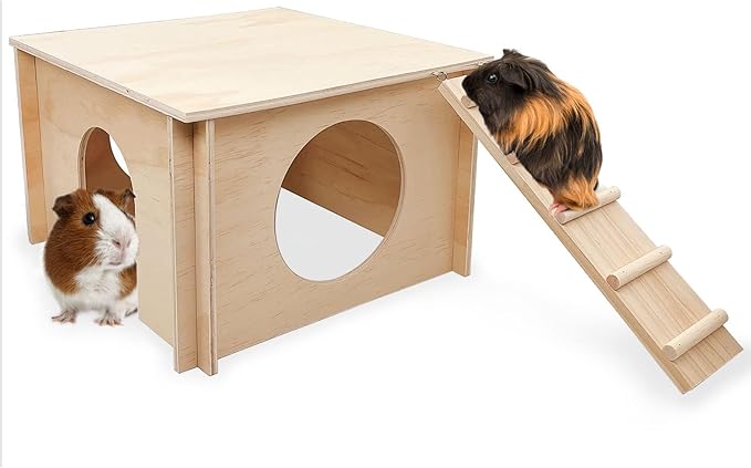 kathson Guinea Pig Hideout House,Wooden Chinchilla Hide Hut with Climbing Ladder and Windows, Hamster House for Mouse Hedgehog Squirrel Mice Gerbils Hiding Sleeping and Playing
