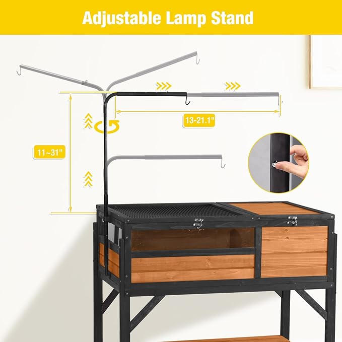 Wooden Tortoise Habitat with Detachable Legs & Adjustable Lamp Holder – Reptile Terrarium for Small Animals
