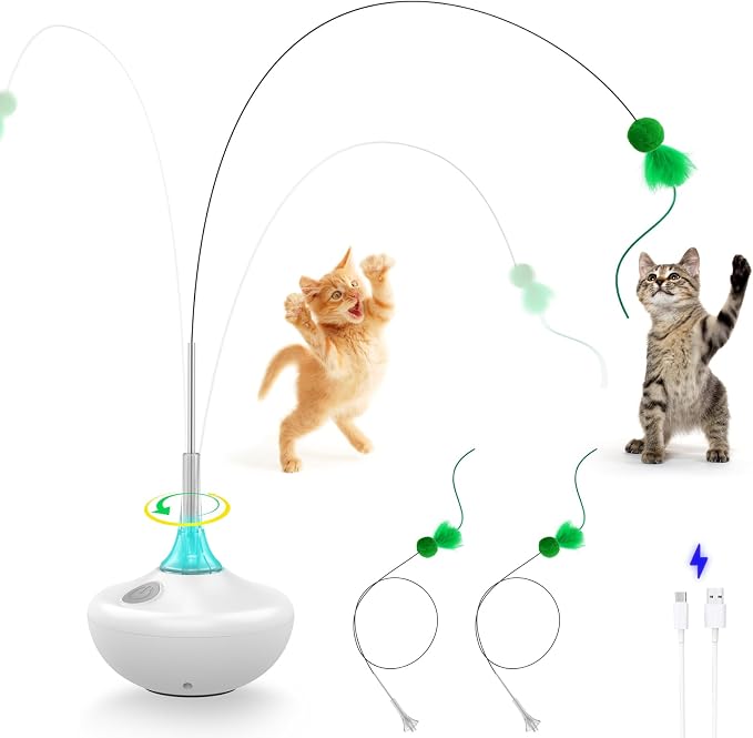 Interactive Cat Toy with Touch Activation, Automatic Spin Cat Toys for Indoor Cats, 26-Inch Extra Long Feather Wand, Rechargeable by BENTOPAL