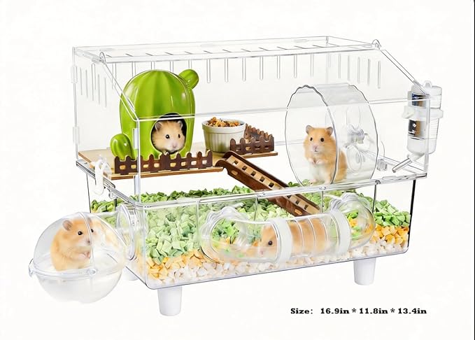 8-in-1 Acrylic Hamster Cage, Clear Transparent Habitat with All Accessories, Multi-Level Small Animal Enclosure with 2 Hideout for Summer and Winter