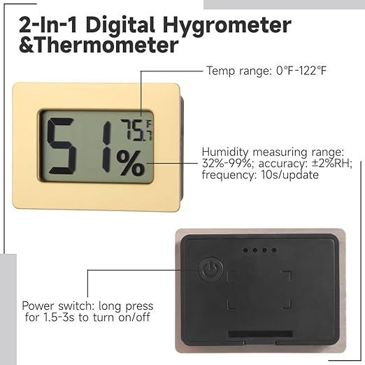 Compact 2-in-1 Humidity & Temp Monitor, ±2% Rh Hygrometer Thermometer for Greenhouses, Humidors, and Reptile Terrariums, Digital Display, 32–99% Range