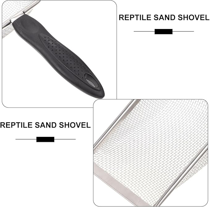 POPETPOP Stainless Steel Reptile Sand Shovel with Fine Mesh Sifter 10.62In Ergonomic Handle for Tortoise Lizard Snake Bedding and Terrarium Substrate Cleaning