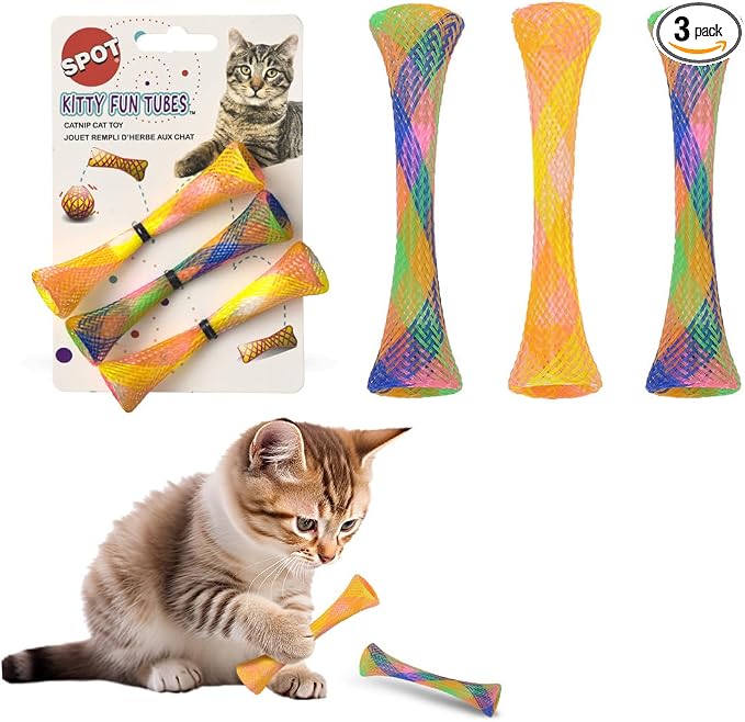 SPOT Kitty Fun Tubes Cat Toy with Catnip Inside | Bouncy Interactive Mesh Toy for Cats and Kittens to Bite, Swat and Chase | 3 Pieces by SPOT