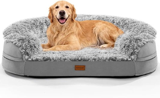 iweepet 3.7 inch Thickened Orthopedic Dog Beds for Extra Large Dogs, Fluffy Supportive Dog Sofa Bed with 28D Egg-Crate Foam, Removable Washable Cover, Waterproof Lining, Cozy Oval Design,Grey
