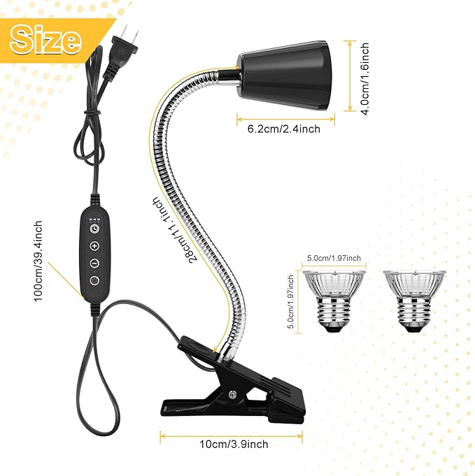 Dallfoll Reptile Heat Lamp, UVA UVB Reptile Timing Heat Lamp, with 360°Rotatable Swivel and Clamp, Heating Lamp for Turtle, Lizard, Bearded Dragon