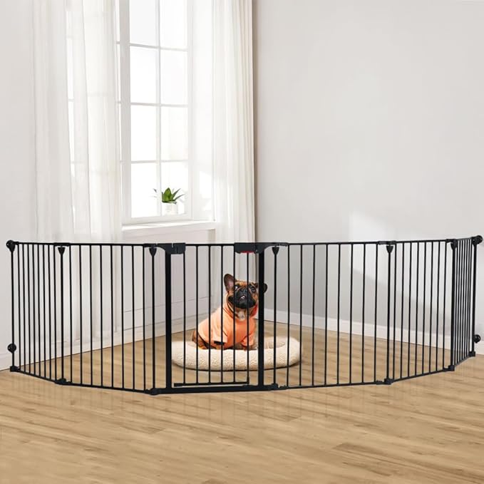 AGESISI Freestanding Dog Gates with Door Walk Through, Extra Wide Doggy Door 150" W x 29" H Pet Gate Safty 6 Panels Dog Fence for Stairs, Doorways