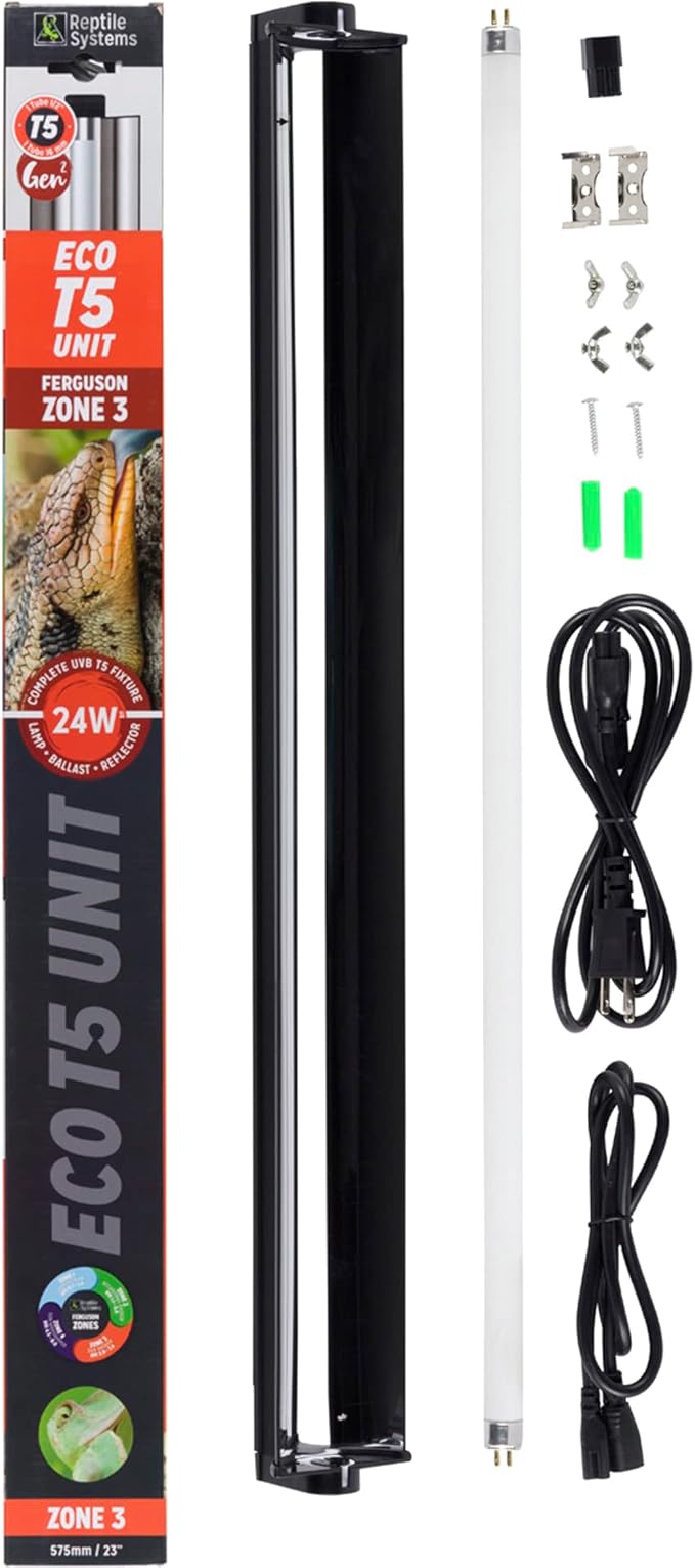 Reptile Systems Eco T5 Unit Zone 3 Reptile Lighting Kit – 24in-24w - Slimline Fixture with HOT5 Lamp, Reflector & Flicker-Free Ballast – Ideal for Terrariums, Chameleons & Geckos