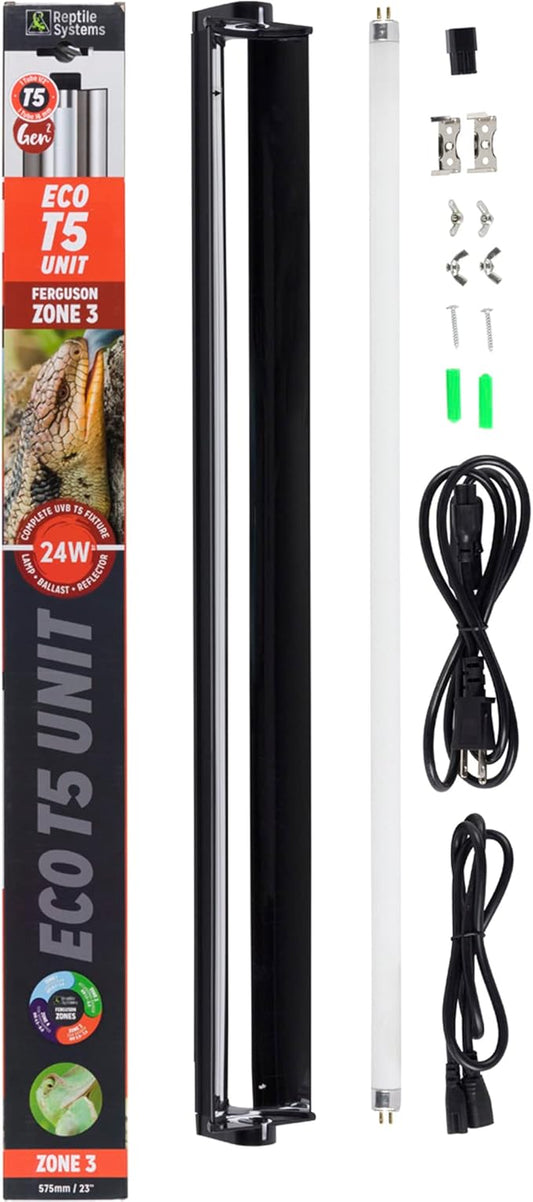 Reptile Systems Eco T5 Unit Zone 3 Reptile Lighting Kit – 24in-24w - Slimline Fixture with HOT5 Lamp, Reflector & Flicker-Free Ballast – Ideal for Terrariums, Chameleons & Geckos