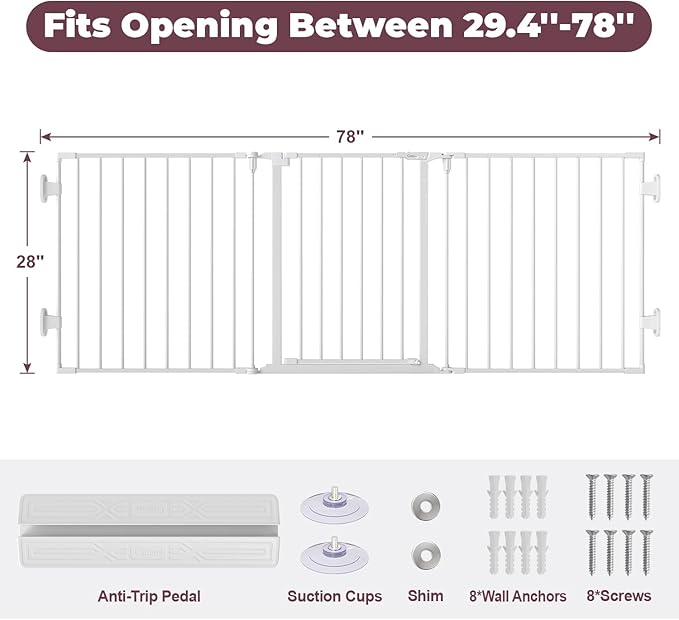 78" Extra Wide Baby Gate, Dog Gates Indoor for Doorways Stairs, Essential Safety Gate for Child, Hardware Mounted Adjustable Pet Gate with Anti-Trip Pedal, 28'' Tall 3 Metal Panels White