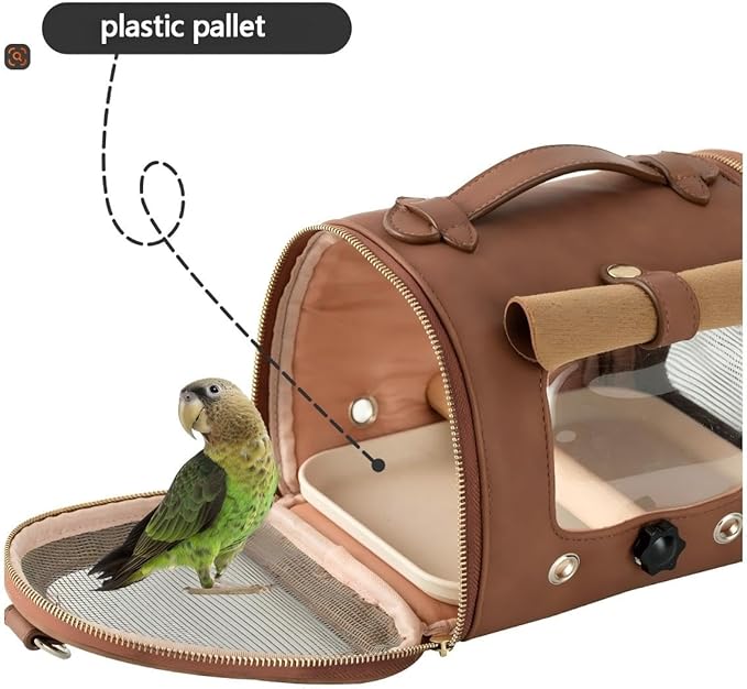 Bird Handbag with Plastic Tray, Brown Portable Parrot and Bird Travel Handbag, Suitable for Small Pets Such as Hamsters, 22x17x17cm, with mesh Window, Shoulder Strap and Standing Wooden Stick