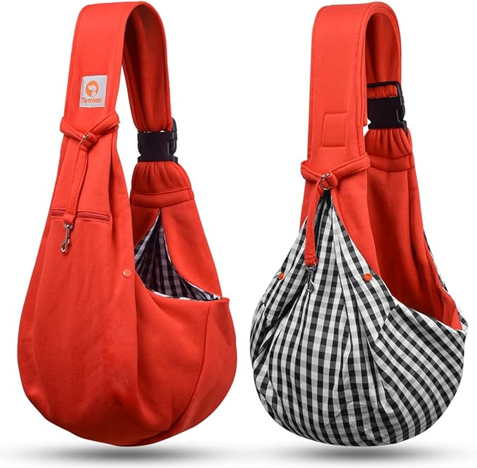 Tomkas Small Dog Sling Carrier - Zipper Pocket & Adjustable Strap & Zip Pocket - for 3-10 lbs Pets (Red)