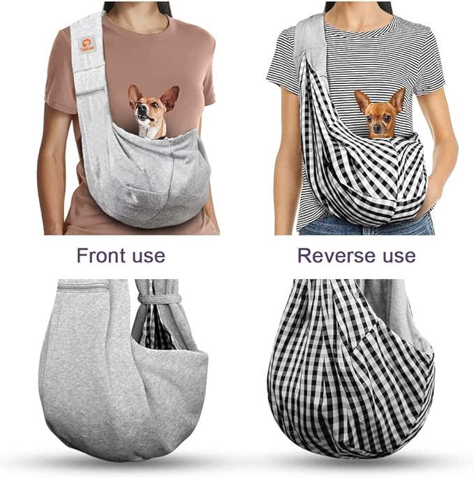 Tomkas Small Dog Sling Carrier - Zipper Pocket & Adjustable Strap & Zip Pocket - for 3-10 lbs Pets (Grey, M - Classic Pocket & Classic Strap)