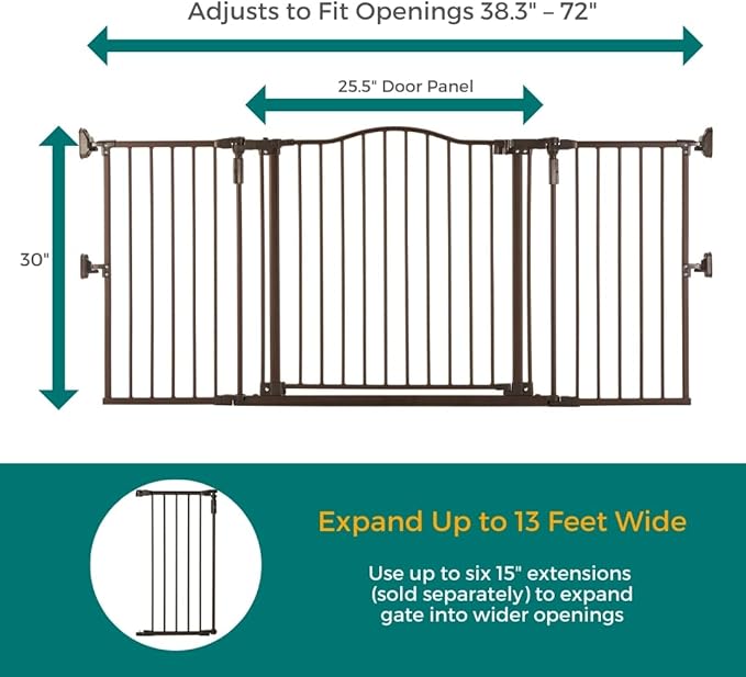 MyPet Extra-Wide Windsor Arch Pet Gate: 38.3"-72" Wide Dog Gate. Hardware Mount, Dog Gates for The House, Cat Gate for Doorway. 30" Tall, Matte Bronze