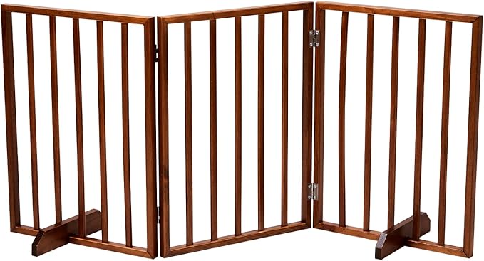 BONNLO Free Standing Dog Gate Indoor, Foldable Pet Gate for Dogs and Puppy, 24" Height Wooden Dog Gates for Doorways Extra Wide/Stairs/Hallways (Brown, 3 Panel)