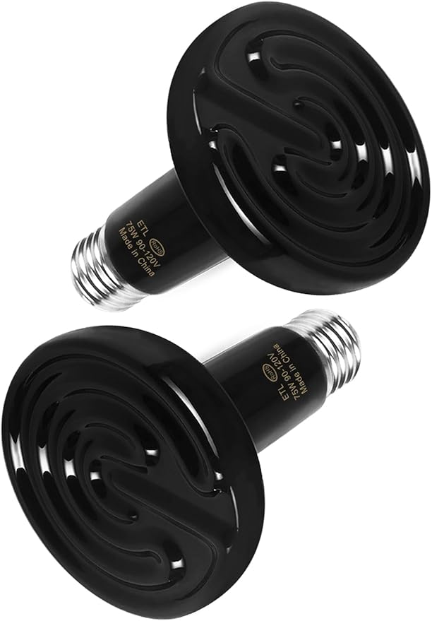 WUHOSTAM 2 Pack 75W Infrared Ceramic Heat Lamp,Black Reptile Emitter Bulb for Pet Coop Heater Chicken Lizard Turtle Brooder Aquarium Snake, No Harm No Light, ETL Listed