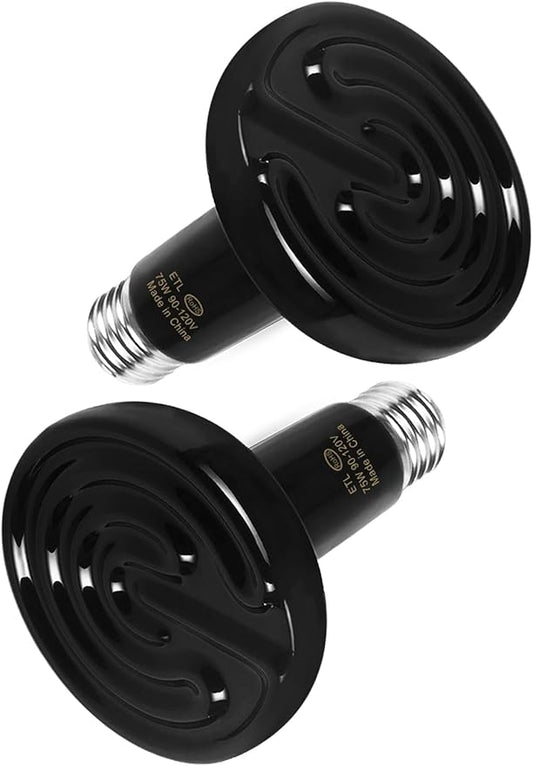 WUHOSTAM 2 Pack 75W Infrared Ceramic Heat Lamp,Black Reptile Emitter Bulb for Pet Coop Heater Chicken Lizard Turtle Brooder Aquarium Snake, No Harm No Light, ETL Listed