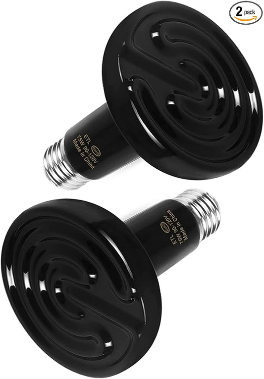 WUHOSTAM 75W 2 Pack Ceramic Reptile Heat Lamp, Pet Heat Emitter Bulbs, No Light Emitting Brooder Coop Heater for Reptile and Amphibian, Snake, Turtle, Lizard, Bearded Dragon, Black