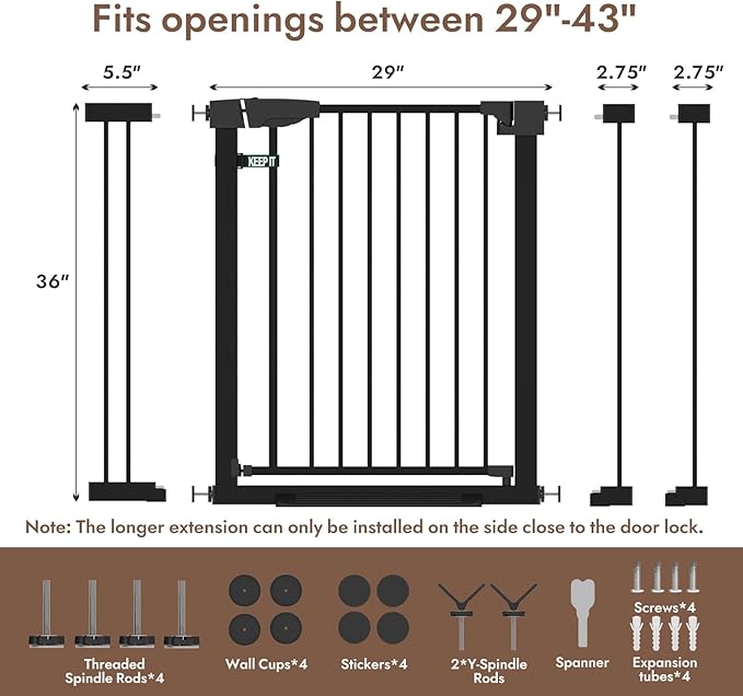 29-43" Baby Gate for Stairs, 36" Tall Dog Gate Indoor, Pressure Mountd Baby Gates with Auto-Close/Hold-Open Features and Anti-Trip Pedal, Safety Kids Gate for Doorways, House, Stairs
