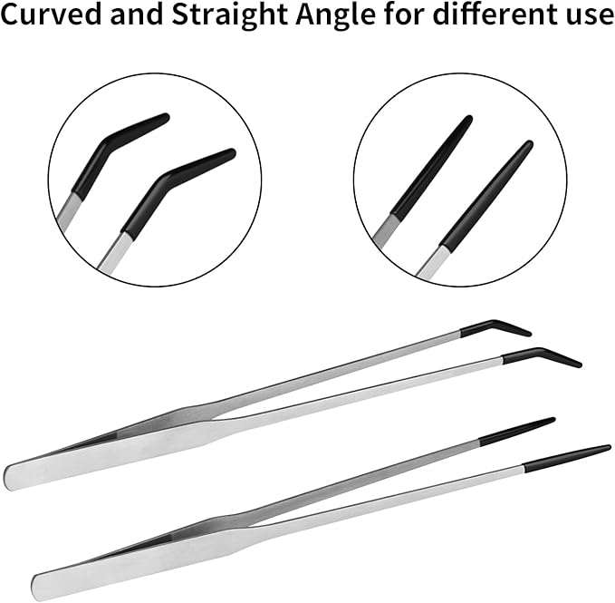 Novery 2PCS Stainless Steel Reptile Feeding Tongs with Rubber Tip, 10.6” Straight & Curved Long Tweezers for Aquarium or Craft, Bearded Dragon Tank Snakes Enclosure Accessories, Terrarium Supplies