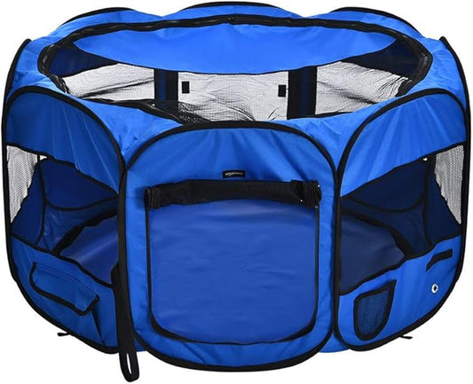 Amazon Basics Foldable Octagonal Indoor/Outdoor Portable Dog Playpen with Mesh Top, Easy to Clean and Store, 45", Blue