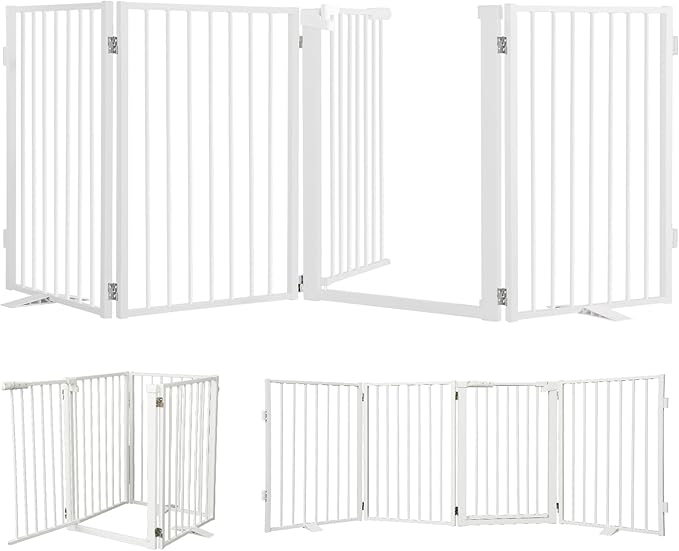 Snagle Paw Metal Freestanding Dog Gate with Door, 80” W x 24” H Dog Fence with Support Feet for Doorways, Stairs and Hallways, Portable Pet Gate for Indoor Use (4 Panel, White)