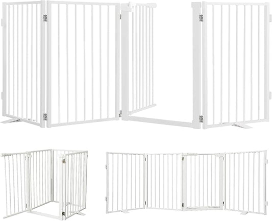 Snagle Paw Metal Freestanding Dog Gate with Door, 80” W x 24” H Dog Fence with Support Feet for Doorways, Stairs and Hallways, Portable Pet Gate for Indoor Use (4 Panel, White)