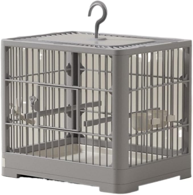 Bird Carrier Cage Travel Detachable Tray Hook Handle Transport Bird House for Outdoor(Grey)