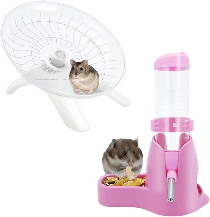 2 Packs, Hamster Water Bottle + Hamster Wheel Hamster Flying Saucer for Dwarf Hamsters Gerbil Mice