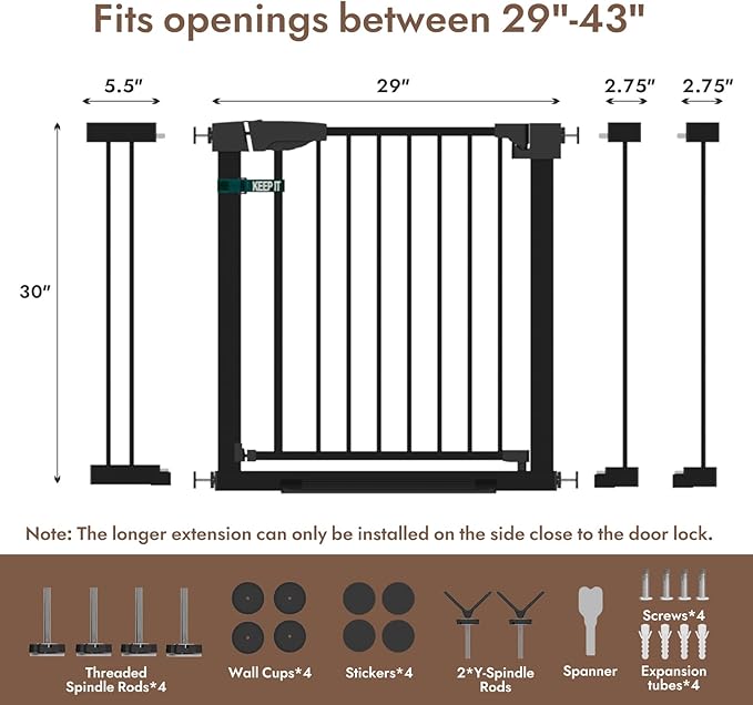 29-43" Baby Gate for Stairs, 30" Tall Dog Gate Indoor, Pressure Mountd Baby Gates with Auto-Close/Hold-Open Features and Anti-Trip Pedal, Safety Kids Gate for Doorways, House, Stairs