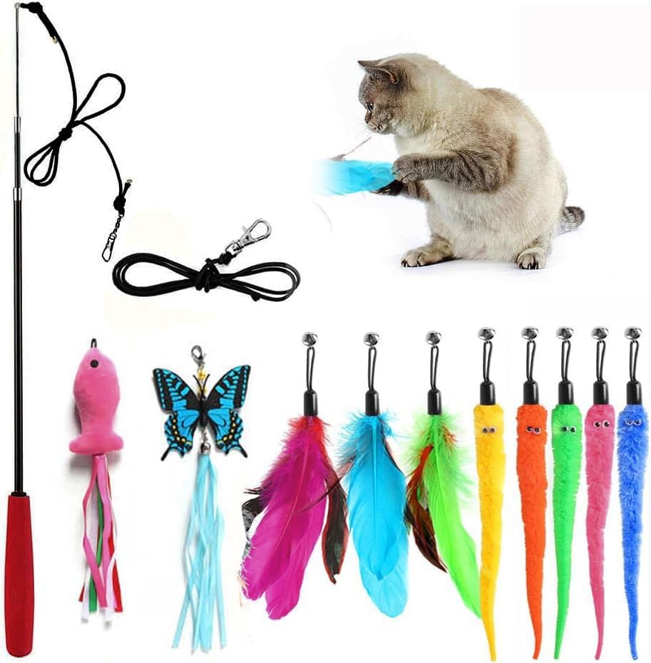 Retractable Cat Toy Wand 12 Packs Interactive Cat Feather Toys by M+JJYPET