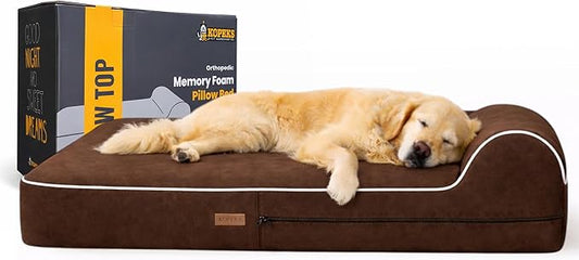 KOPEKS Orthopedic Memory Foam Dog Bed 7" Inch Thick Extra Large Dog Bed With Pillow Brown 50"x34"x10" Includes Waterproof Liner & Durable Removable Cover With Smart Design