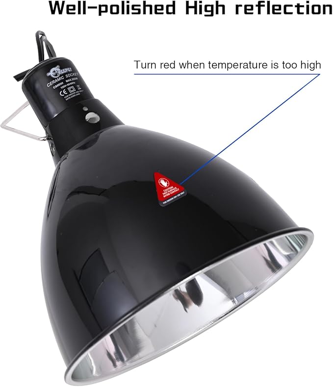 Reptile Light Fixture 8.5 Inch Deep Dome Lampshade, Reptile Heat Lamp Fixture with Separate Switches Fit for UVB Bulb Basking Heat Bulb for Reptile Glass Terrariums