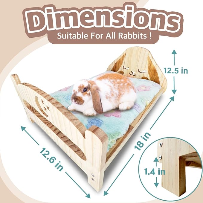 SoulThink® Floppy Ear Wooden Rabbit Bed - Easy to Assemble Rabbit Bed with Removable & Washable Fleece Mat, Small Animal Bed Suitable for Bunny, Guinea Pig, Chinchilla, Ferrets, Rats