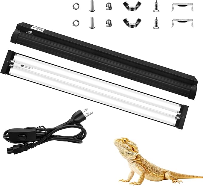 T8 UVB Reptile Light Fixture HO UVB Bulb Lighting Combo Kit, 10.0 UVB Light for Reptiles Terrarium Hood UVA UVB Desert Lamp for Bearded Dragon Turtle Tank (T8 15W 18Inch)