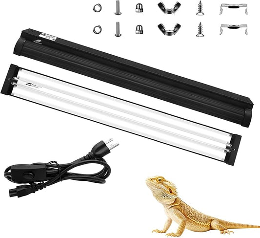 T8 UVB Reptile Light Fixture HO UVB Bulb Lighting Combo Kit, 10.0 UVB Light for Reptiles Terrarium Hood UVA UVB Desert Lamp for Bearded Dragon Turtle Tank (T8 15W 18Inch)