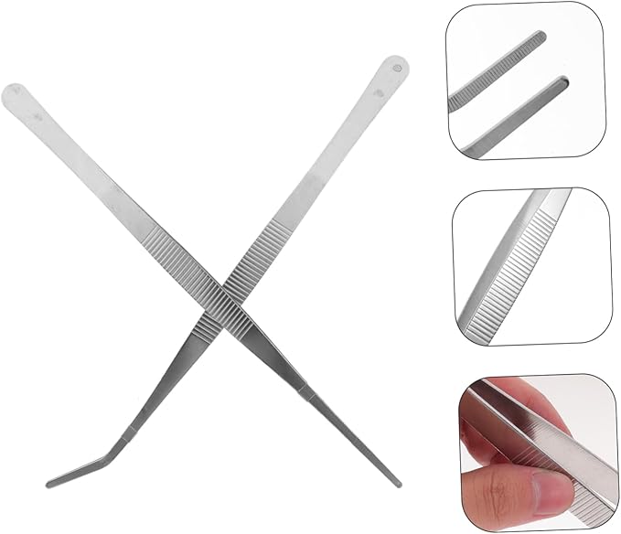2pcs Stainless Steel Feeding Tongs Straight and Curved Tweezers for Reptiles Snakes Lizards and Spiders Durable Silver Design for Professional and Personal Use