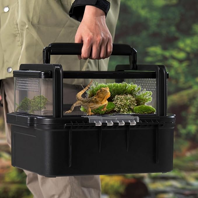 Flushbay Portable Reptile Cage Carrier Tank with Handle Reptile Transport Container Terrarium Box Habitat Cage Pet Houses for Turtle, Gecko, Bearded Dragon, Lizard, Frog, Snake, Spider