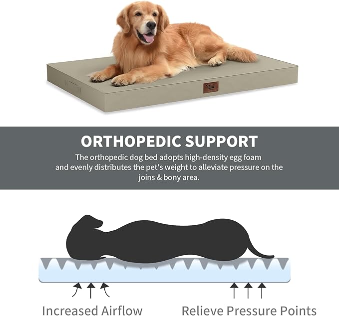 Large Outdoor All Weather Dog Bed, Waterproof Pet Bed for Large Dogs, Orthopedic Egg Crate Foam with Washable Removable Oxford Cooling Cover, 36x27 Inch, Khaki