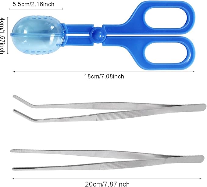 3in1 Feeding Tool Reptile Feeding Tongs Cricket Clamp Bug Scooper, Cleaning Supplies Scooper+ 2x Tweezers for Reptile, Hedgehog, Hamsters, Guinea Pig,Lizard, Spider Bearded Dragon (Blue)