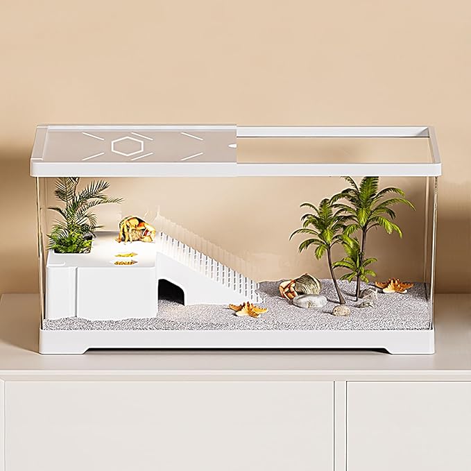 Turtle Fish Tank with Basking Platform and Bottom Drainage, 20" x 9.5" x 9.5" Aquatic Turtle Tank for Juvenile Turtle, Crayfish, Crabs, Amphibians, Reptiles, PC Material, White Color