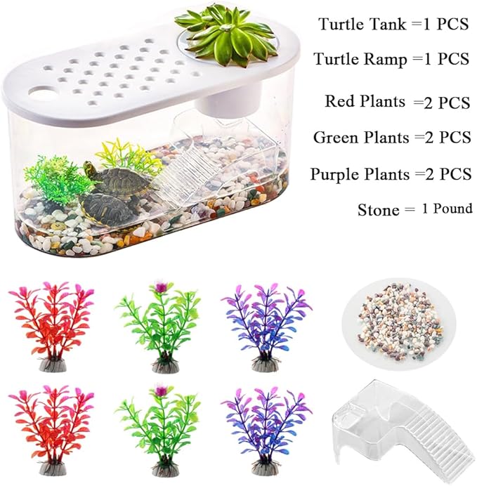 Small Turtle Tank with Basking Platform, Decor Stones and Water Grass, Aquarium Habitat with Plant Holder