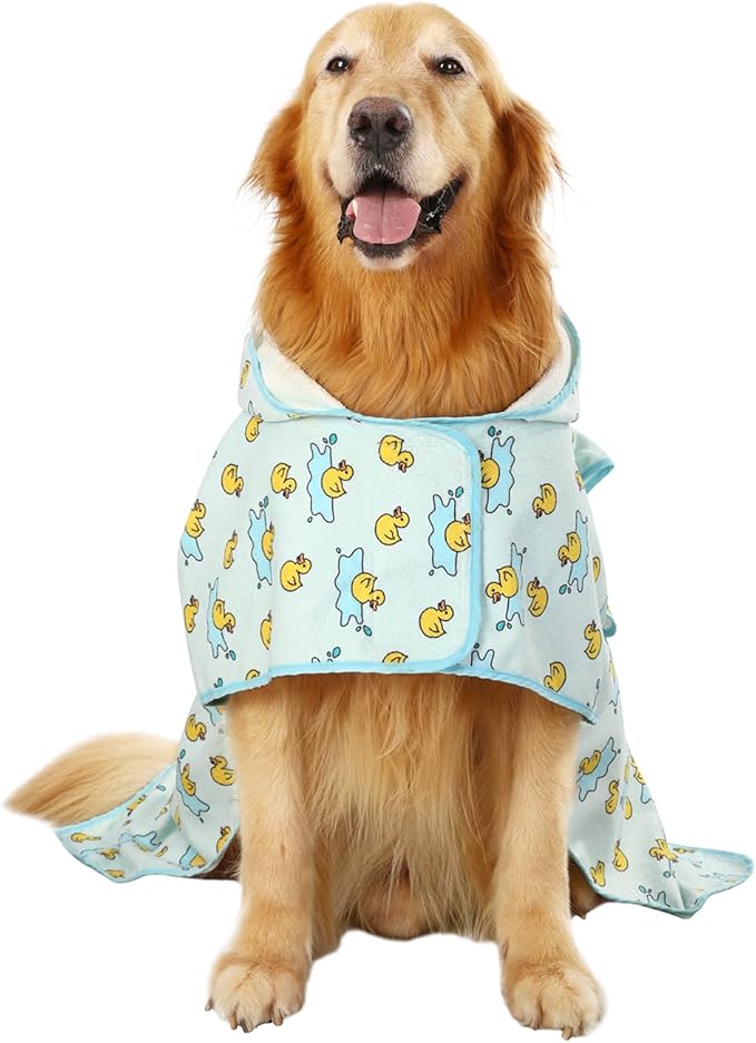 HDE Dog Bathrobe Super Absorbent Quick Drying Puppy Towel Wrap Coat Adjustable After Bath Robes with Hood for Dog Sizes S-XXL Rubber Duck Puddles L