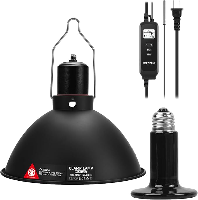 8.5-Inch Reptile Heat Lamp Fixture with PID Thermostat & 150W Ceramic Heat Emitter (Non-Light Emitting), Independent Day & Night Temperatures, Lampshade MAX 150W
