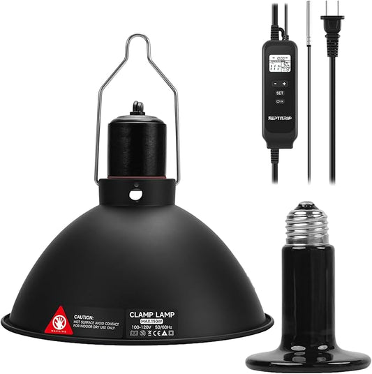 8.5-Inch Reptile Heat Lamp Fixture with PID Thermostat & 150W Ceramic Heat Emitter (Non-Light Emitting), Independent Day & Night Temperatures, Lampshade MAX 150W