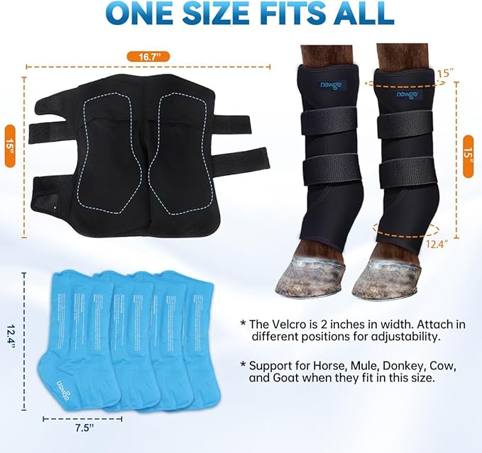 NEWGO Horse Ice Pack Reusable Horse Leg Wrap for Injury, Cooling Horse Knee Wrap Full Coverage Leg Ice Boot Cold Pack 2 Wrap with 4 Gel Packs for Knee, Legs, Boots, and Hooves