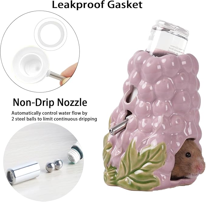 Hamster Water Bottle, Grape Ceramic Hamster Water Dispenser for Glass Tank,125ML Water Bottle Holder with 2 No Drip Caps for Syrian Mice,Gerbil