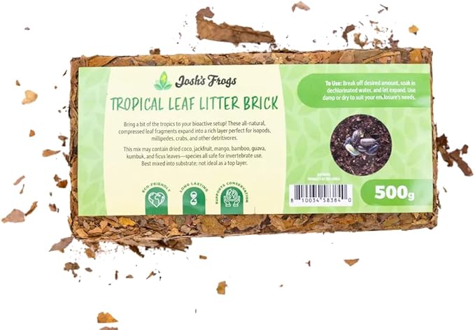 Josh's Frogs Compressed Natural Tropical Leaf Litter Brick, 500g, All-Natural Leaf Fragments for Isopods, Millipedes, Crabs, Detritivores